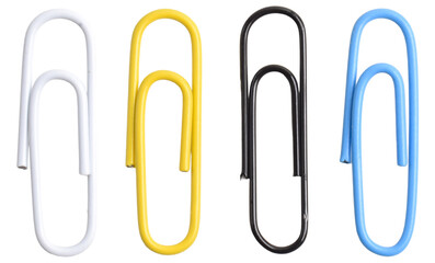 Collection of colorful paper clips isolated on white background, top view