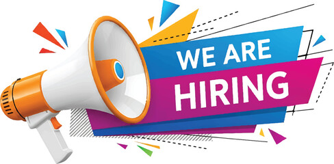 Vector art of megaphone announcing we are hiring with colorful abstract shapes