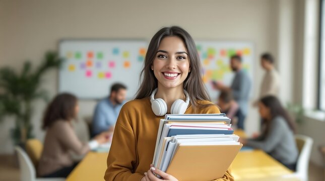 Portrait of a smiling young woman holding files in an office setting with colleagues in background