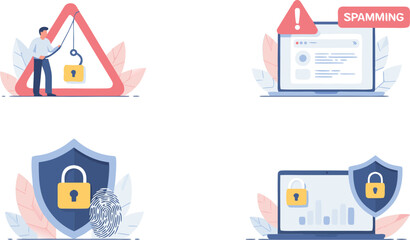 Naklejka premium Illustrates Phishing, Spamming Threats Online Security With Lock Symbols, Fingerprints and Laptop Computers