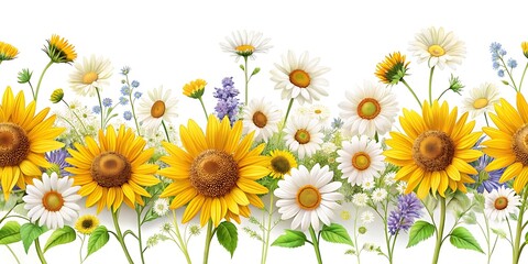 Obraz premium Long line of flowers with yellow sunflowers in the middle