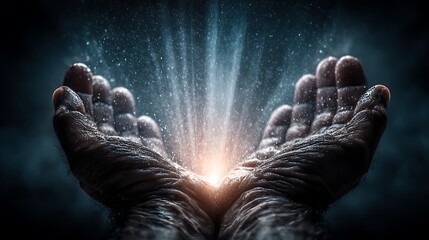Hands cupped, holding a bright light, with beams radiating upwards in a dark, textured environment.