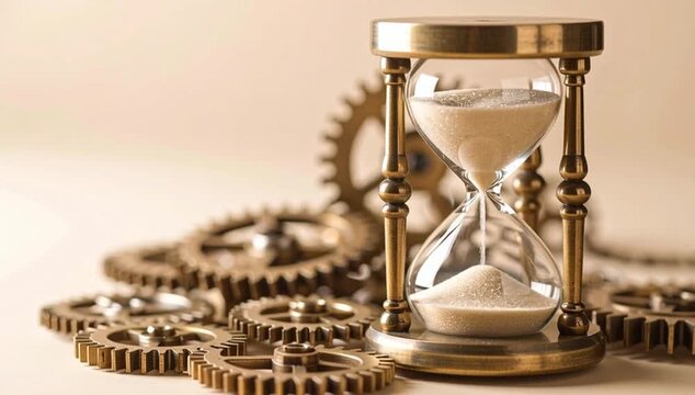 An hourglass sits amidst gears, symbolizing time and mechanics. The sand is steadily flowing, showcasing the passage of time.