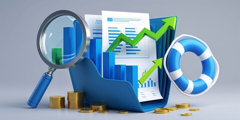 business graph with magnifying glass