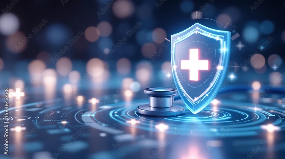 Poster a glowing shield with a cross and a stethoscope on a blue digital surface with bokeh lights behind i