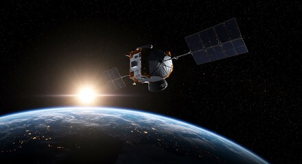 The satellite is positioned above the earth, its solar panels reflecting the suns rays, symbolizing technological advancement in space