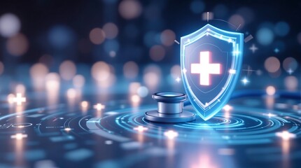 A glowing shield with a cross and a stethoscope on a blue digital surface with bokeh lights behind it