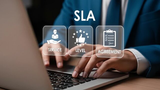 SLA, Service Level Agreement concept. Service performance tracking to reduce the uncertainty the customer in process. Businessman use laptop with SLA icon on virtual screen.