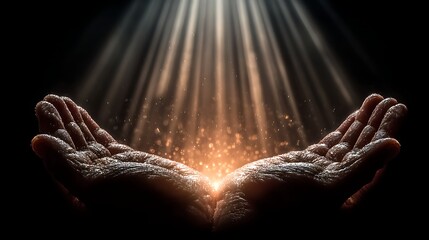 Two open hands reaching upwards, illuminated by radiant light and glowing particles.