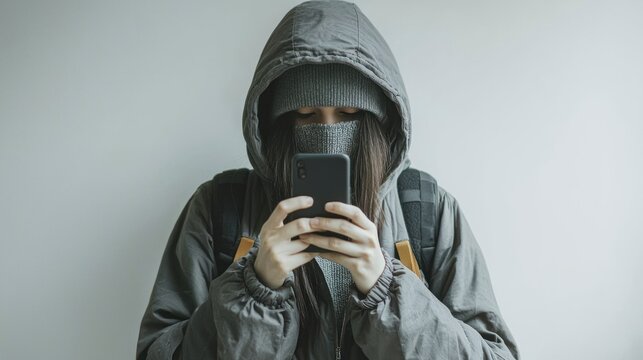Young Person in Hooded Jacket Intently Engaging with Smartphone Against Minimalist Background