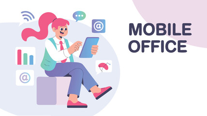 Woman Working on Tablet Mobile Office Concept with Charts and Communication Icons Illustration