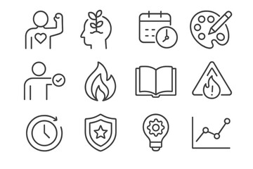 Outlined icons on metallic background displaying various concepts and activities