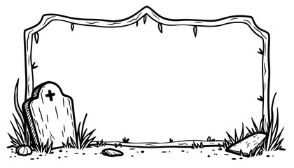 Halloween frame with broken tombstone – Cute kids coloring illustration