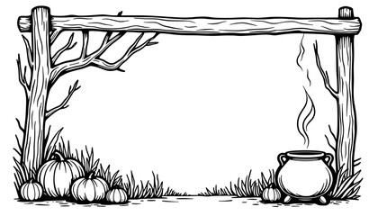 Halloween frame with magical cauldron – Kids coloring book design, festive fun