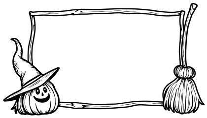Halloween frame with witch hat and broom – fun kids coloring activity
