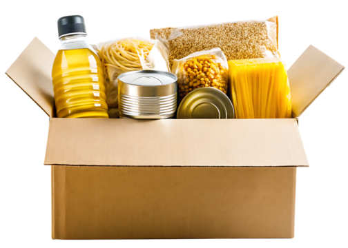       food donation box pasta beans canned goods isolated on white background PNG, AI GENERATED