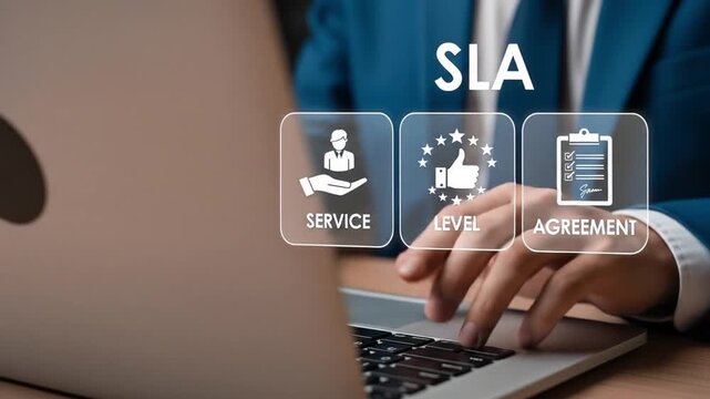 SLA, Service Level Agreement concept. Service performance tracking to reduce the uncertainty the customer in process. Businessman use laptop with SLA icon on virtual screen.