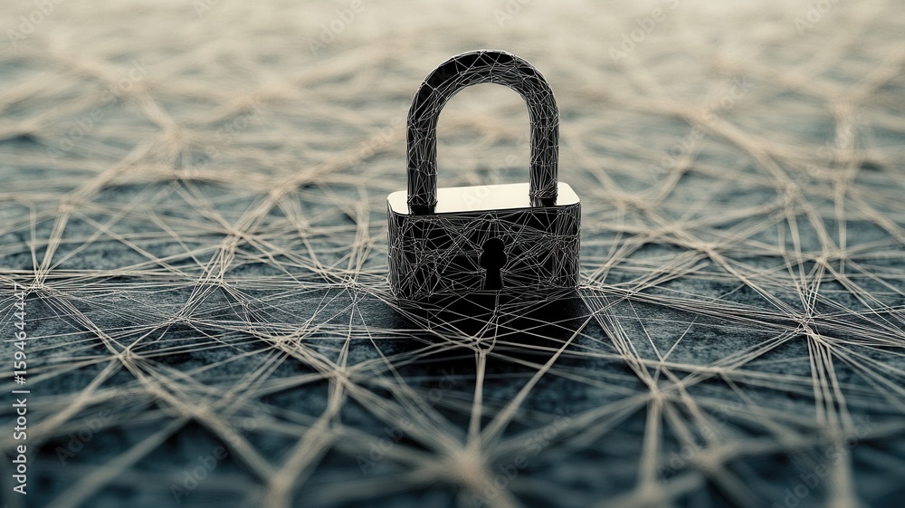 Poster metal padlock protecting a network of interconnected nodes, symbolizing data cybersecurity and prote