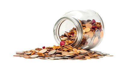 glass jar overflowing with coins and dried fruit isolated on white background PNG, AI GENERATED