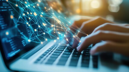 Hands typing on laptop, glowing generating software with innovative digital interface and networked connections