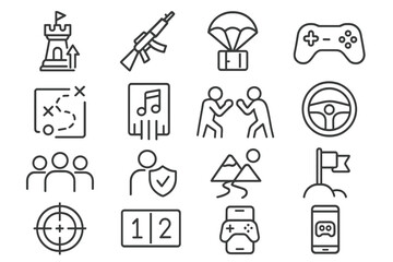 Gaming and adventure icons collection on dark background