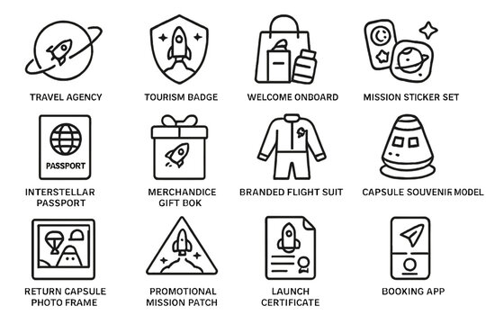 Space tourism icons: travel, passport, merchandise, capsule, launch, app