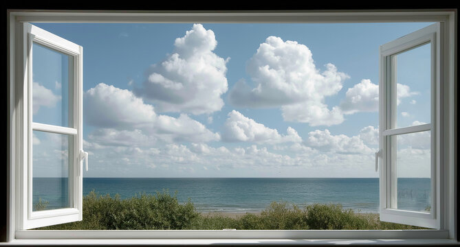 Fototapeta White window frames reveal expansive ocean vista with fluffy clouds above.