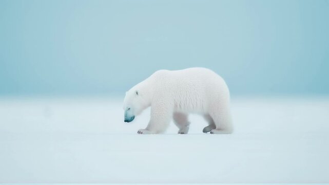 Polar bear walking on snowy landscape. Arctic wildlife in natural habitat. Climate change and endangered species concept. Winter scene with copy space.