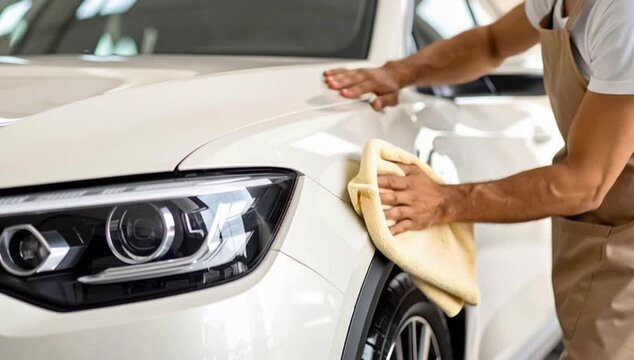 Man using a cloth to buff and shine the car