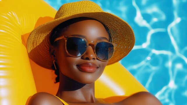 Young woman with inflatable and straw hat smiling and relaxing in a swimming pool with sunglasses ring