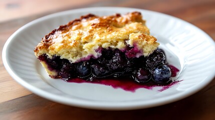 A slice of blueberry pie with a golden crust served on a white plate