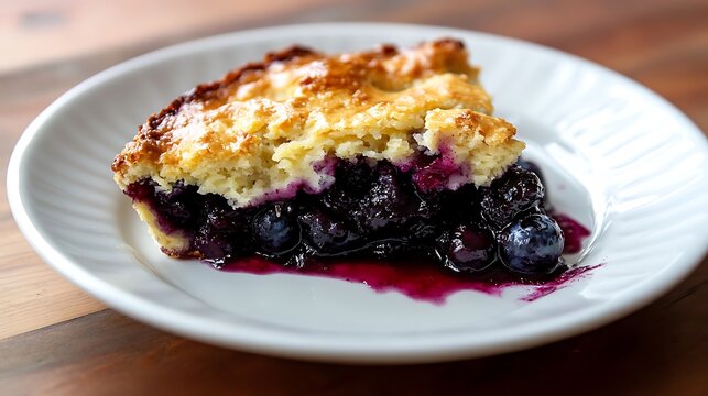 A slice of blueberry pie with a golden crust served on a white plate
