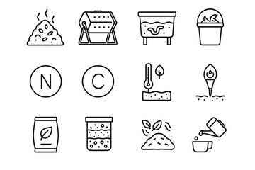 Composting icons set: bin, worms, gardening tools, organic waste symbol