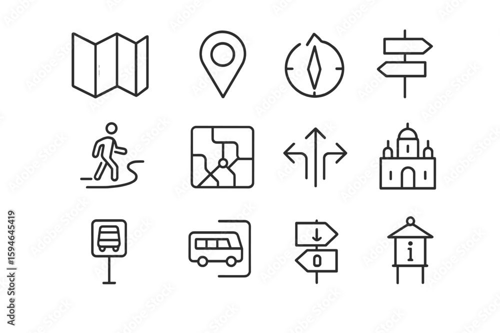 Poster navigation and travel icons set featuring maps and transportation symbols
