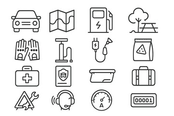 Car maintenance and travel essentials icons in gray background