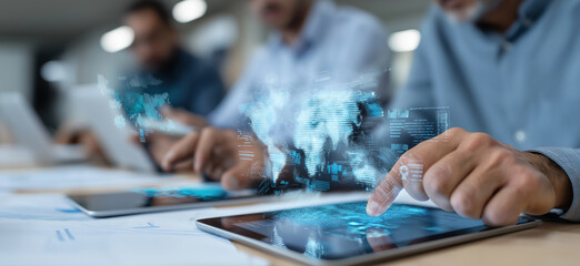 Business professionals interact with holographic global data projections on tablet devices.