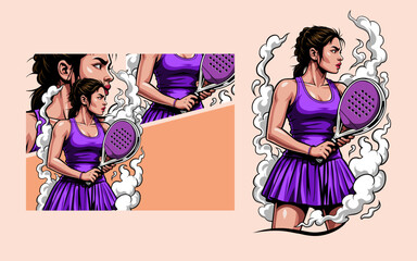 Portrait Woman Playing Padel Tennis Vector Illustration, Modern Flat Design Isolated on White Background