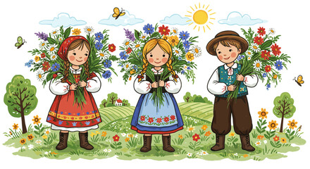 Naklejka premium Charming children's folk art with flowers and nature in a vintage style