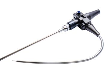 A modern medical endoscope with a flexible tube and camera, isolated on a transparent background