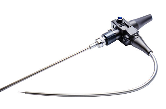 A modern medical endoscope with a flexible tube and camera, isolated on a transparent background