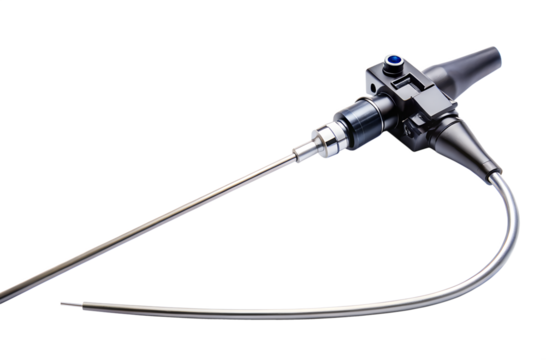 A modern medical endoscope with a flexible tube and camera, isolated on a transparent background