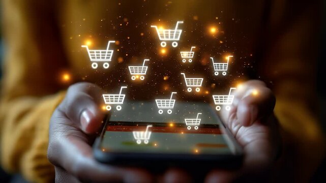 Hands hold phone with shopping carts emerging amidst golden sparkles