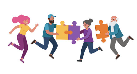 Diverse group of people connecting puzzle pieces in teamwork concept