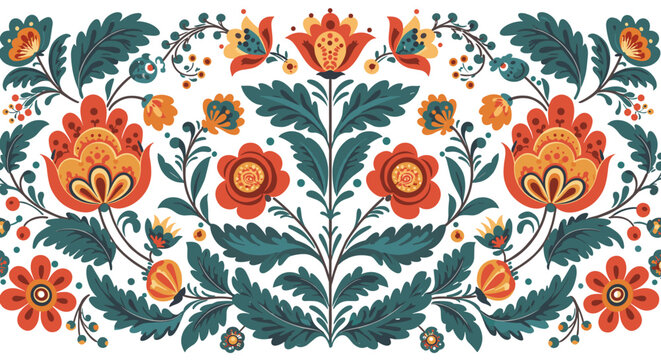 Elegant floral pattern with vibrant folk art motifs in symmetrical design