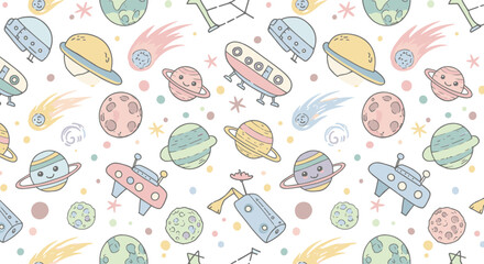 Charming space-themed seamless pattern with cute planets and ufos in pastel colors
