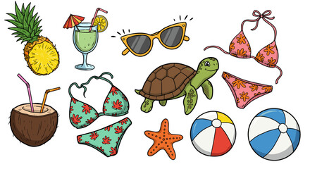 Obraz premium Summer vibe doodles: tropical drinks, swimwear, and beach fun elements