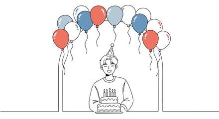 Birthday celebration with balloons and cake in minimalist style