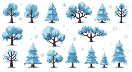 Winter trees collection: diverse varieties covered in snow with snowflakes