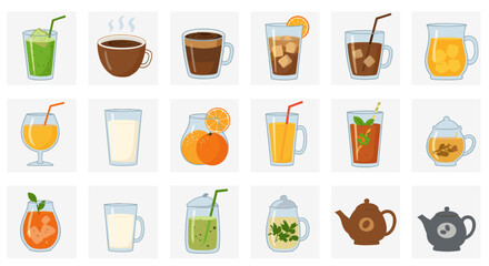Assorted beverage icons: coffee, tea, juice, and smoothies in flat style