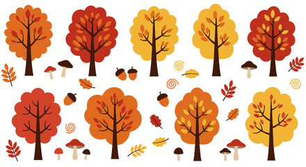 Autumn forest elements with trees, mushrooms, and leaves in flat design